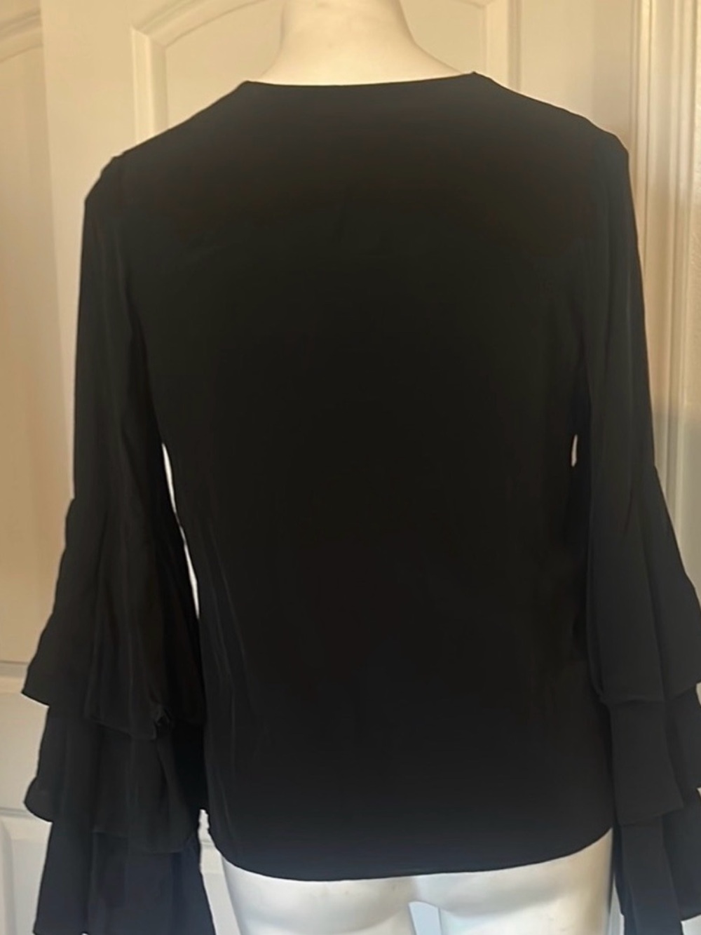 Alexis Black Silk V-Neck Blouse Tiered Layered Bell Sleeves|Size M | Retail $384 - Picture 5 of 9